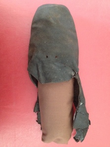 Figure 1.   Leather shoe found at Birely Tannery in Frederick, Maryland.  Researchers at the Colonial Williamsburg Foundation concluded that it was a slave shoe.