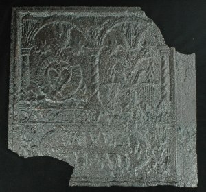 Figure 1:  This 25.5 x 23.5” plate from a five-plate stove is one of eight from the site that bear German or Pennsylvania Dutch motifs.  