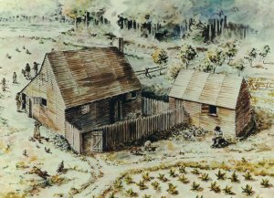 Figure 2: Artist’s conception of the Smith house where Elizabeth Bennett lived.  Painting by Tim Scheirer.